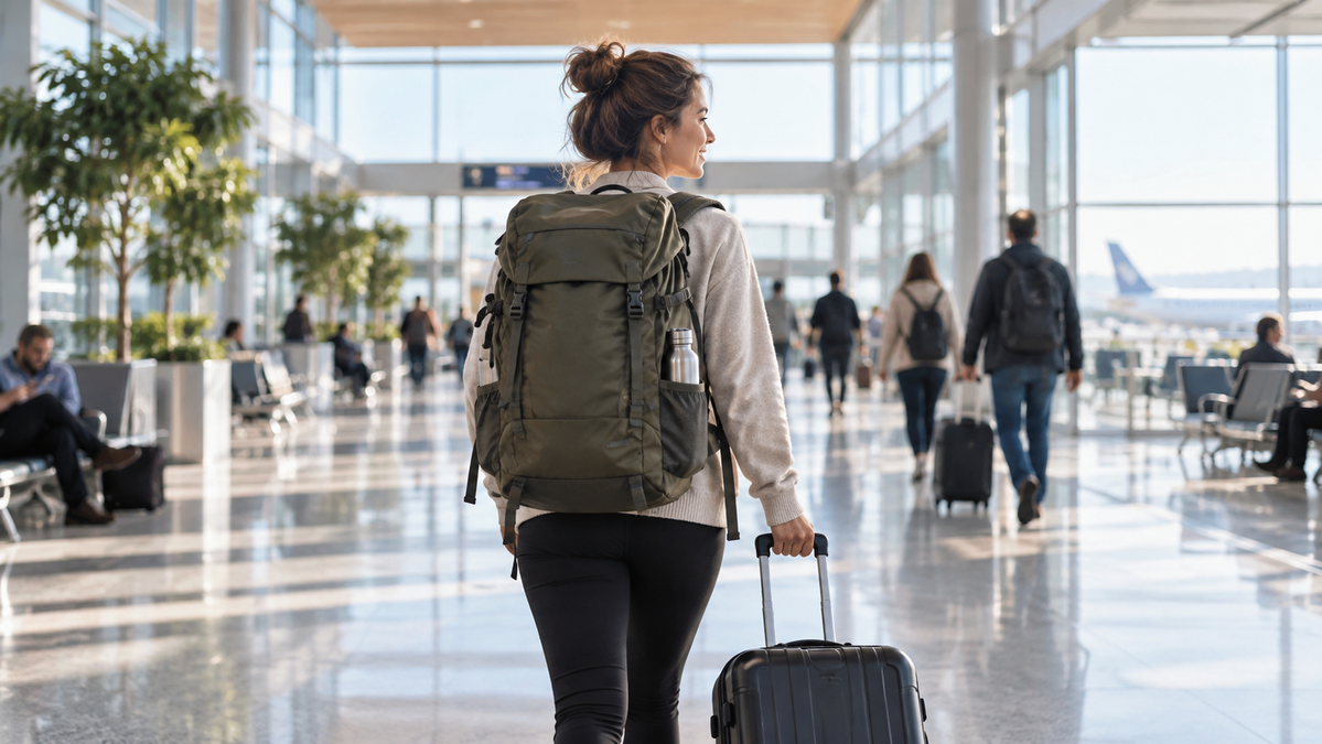 Illustration of a traveler wearing a backpack and pulling a suitcase through an airport.