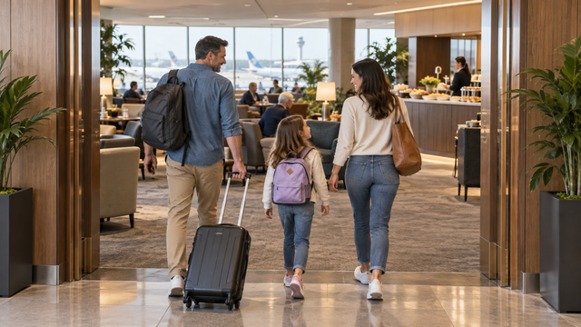 Illustration of two adults and a child arriving at an airport lounge with their bags.